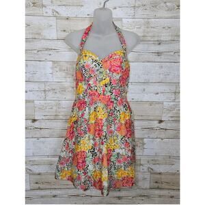 GUESS Sundress 10 Floral Cottagecore Halter Tie Cotton Ruched Mini Bustier Dress